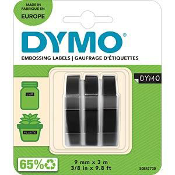 Picture of 3 X EMBOSSING LABELS 9MM X 3M, WHITE ON BLACK